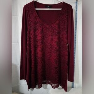 GNW Burgundy Floral Lace Overlay Long Sleeve Top - Women’s Size Large -